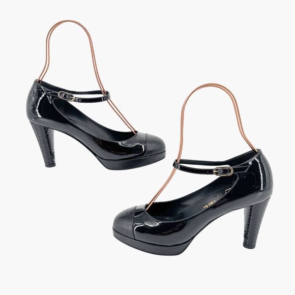 Chanel Platform Pumps Size 38 US 7-7.5 Black Patent Cap Toe Mary Jane Mid Heel - Picture 8 of 15